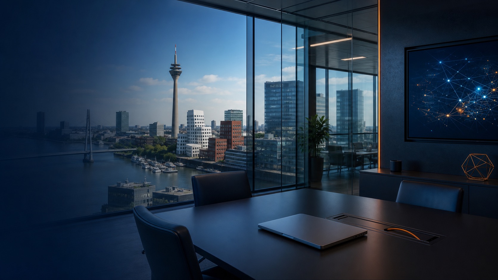 Moderner IT-Besprechungsraum mit D&uuml;sseldorf-inspirierter Skyline
