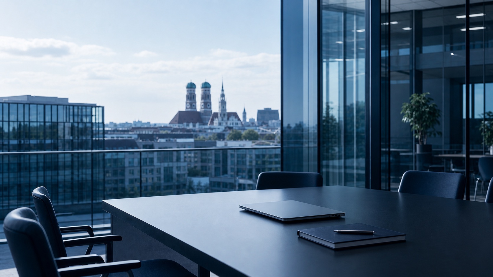 Moderner IT-Besprechungsraum mit M&uuml;nchen-inspirierter Skyline